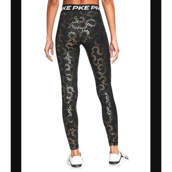 Nike Pro Dri-Fit Women’s 3X Leggings Black Metallic Gold Foil Logo AOP Mid Rise - Picture 4 of 9